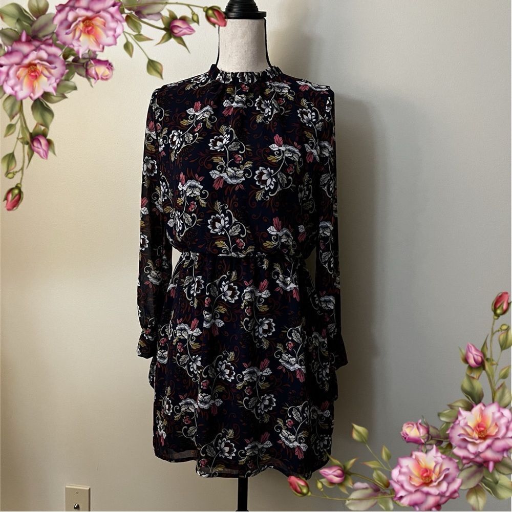 Nordstrom brand WAYF navy blue romantic floral print long sleeve mini dress